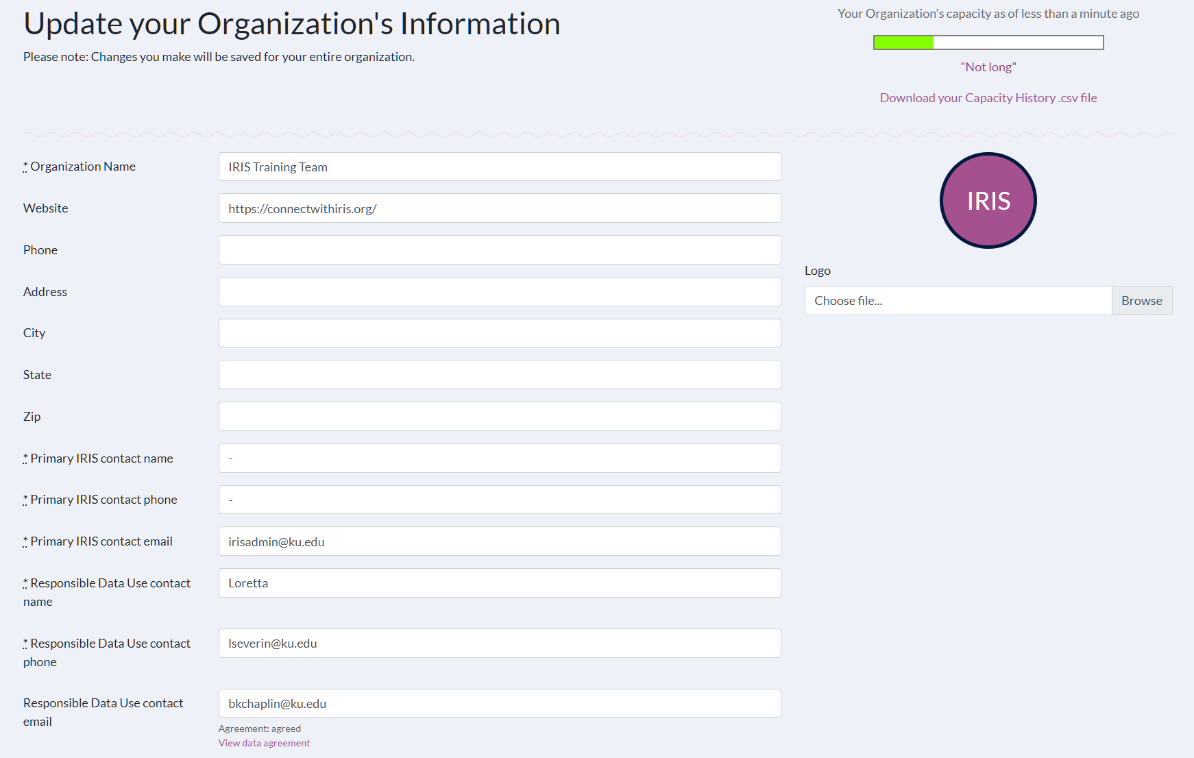 Screenshot of IRIS organization profile