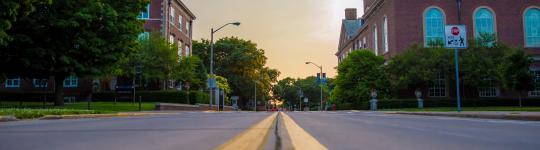 A close up of a street with brick buildings and trees. 